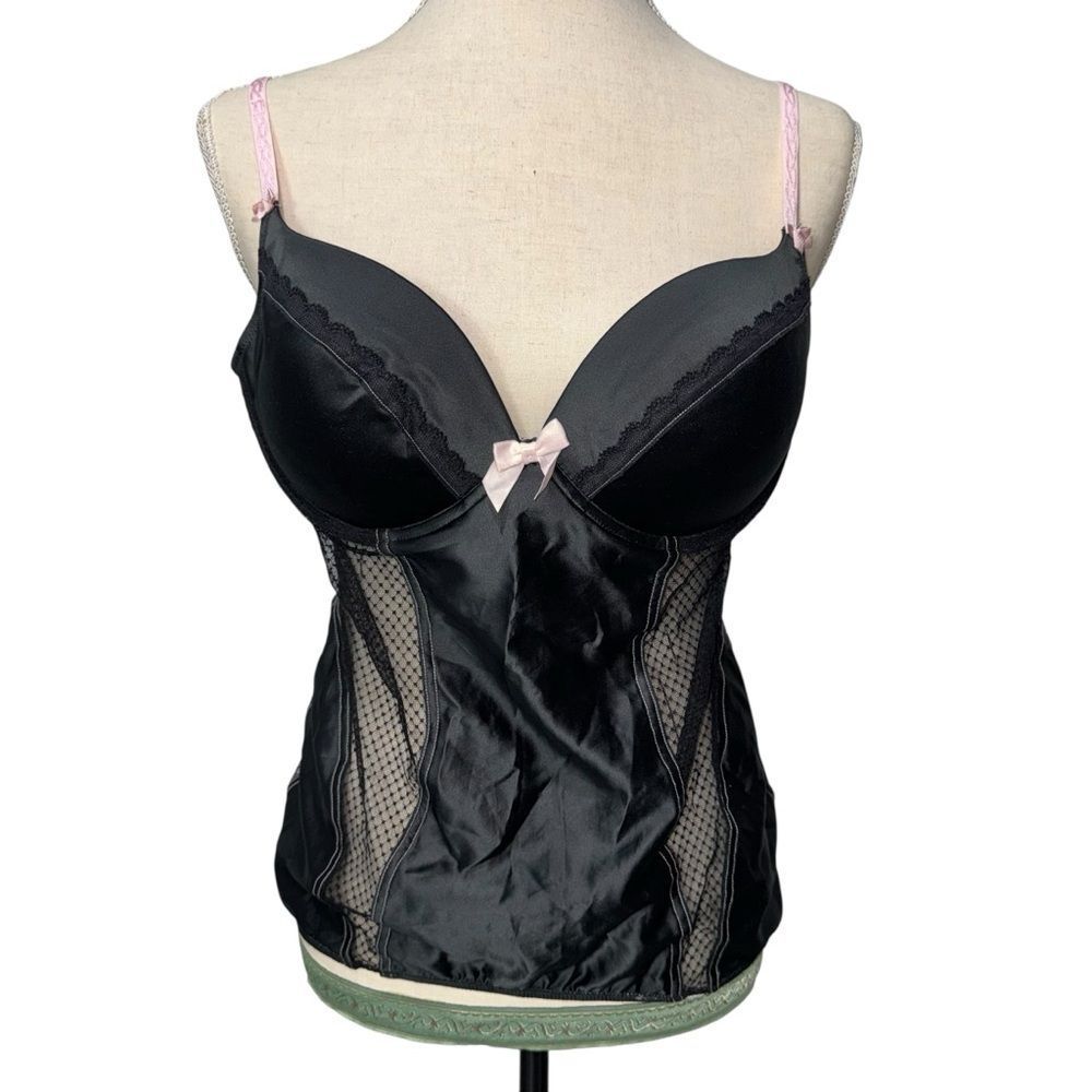 Solid Black Satin Pink-Trim Bustier Camisole Padded Bra Corset lace up back M/L